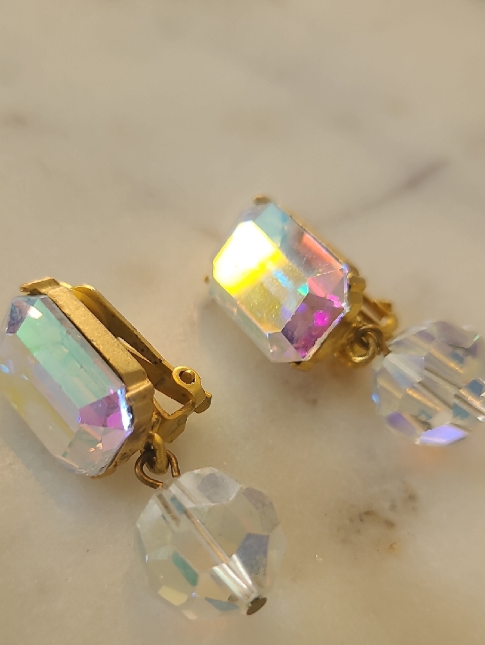 Gold-Tone Clip-On Earrings with Iridescent Crystal Stones - Picture 2 of 3